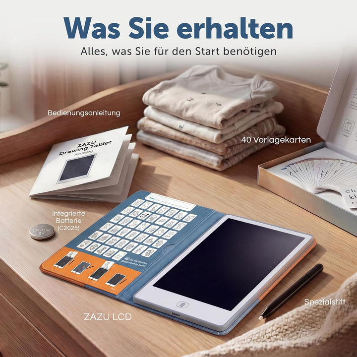 ZAZU Fun LCD Zeichentablet für Kinder – 8,5 Zoll Maltablet mit 40 Vorlagenkarten & Stift, Löschfunkt