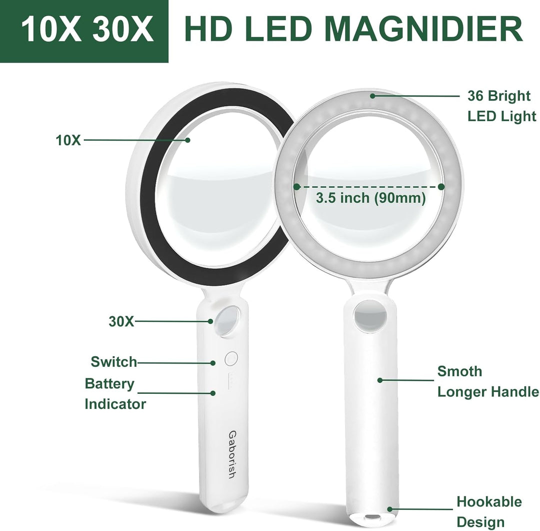 Grosse Lupe mit Licht USB Aufladbar, 10X 30X Leselupe mit Licht für Senioren Gross, 36 LED & 5 Licht