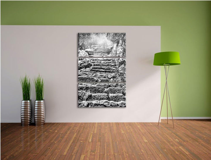 Pixxprint Schöne alte Steintreppe als Leinwandbild/Grösse: 3 Teilig (120x80) cm/Wandbild/Kunstdruck/