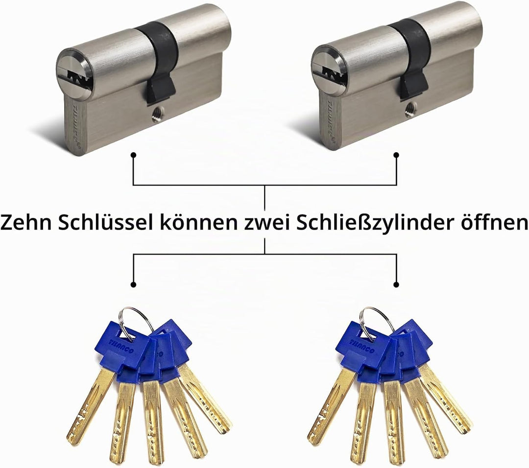 Massiver Schliesszylinder gleichschliessend 2er Set 30/40 Zylinderschloss Messing mit 10 Schlüssel -