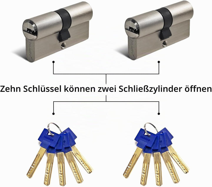 Massiver Schliesszylinder gleichschliessend 2er Set 30/40 Zylinderschloss Messing mit 10 Schlüssel -