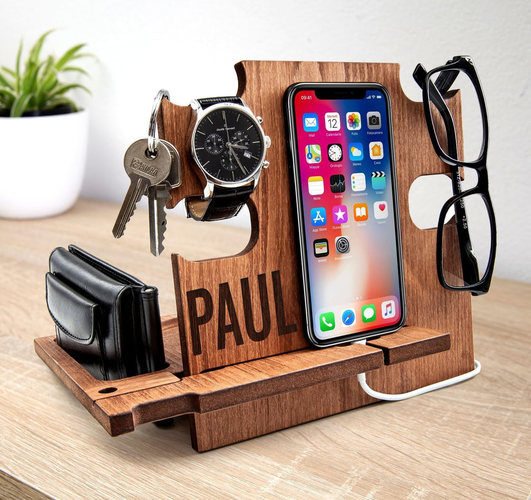 Dockingstation aus Holz, Schreibtischorganisator, Aufbewahrungshalter - Geschenkidee für Männer, Wei