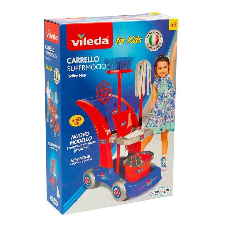 Grandi Giochi - Vileda for Kids Maxi Reinigungswagen mit Mopp, Besen, Schaufel, Eimer, Wischlappen u