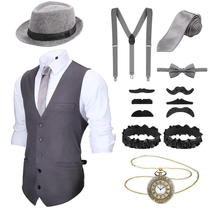 Blulu 1920er Herren Zubehör Gatsby Gangster Kleidung Kostüm Cosplay Outfit mit Weste Fedora Hut Tasc
