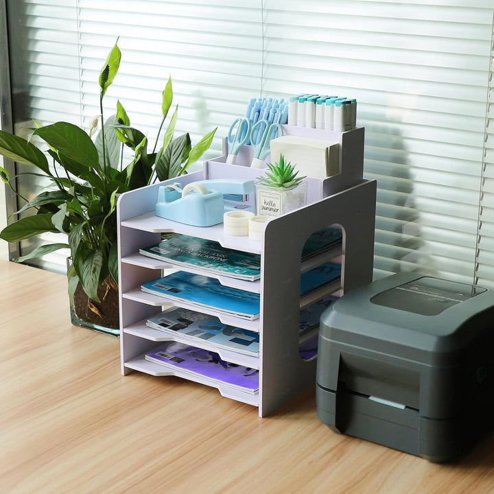 TSDRBWO Holz Briefablage für Büro, Dokumentenablage mit Stifthalter, 5-Tier Schreibtisch Organizer H