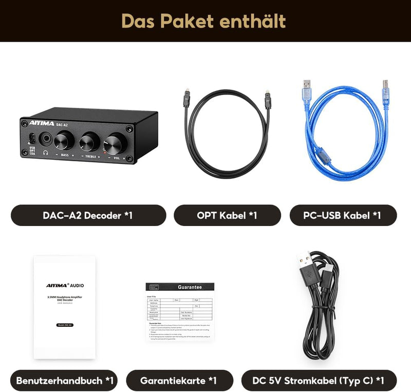 AIYIMA DAC-A2 DC5V Mini-HiFi Leistung-Audio-Decoder PC-USB-DAC-Kopfhörerverstärker AMP 24-Bit-192-kH