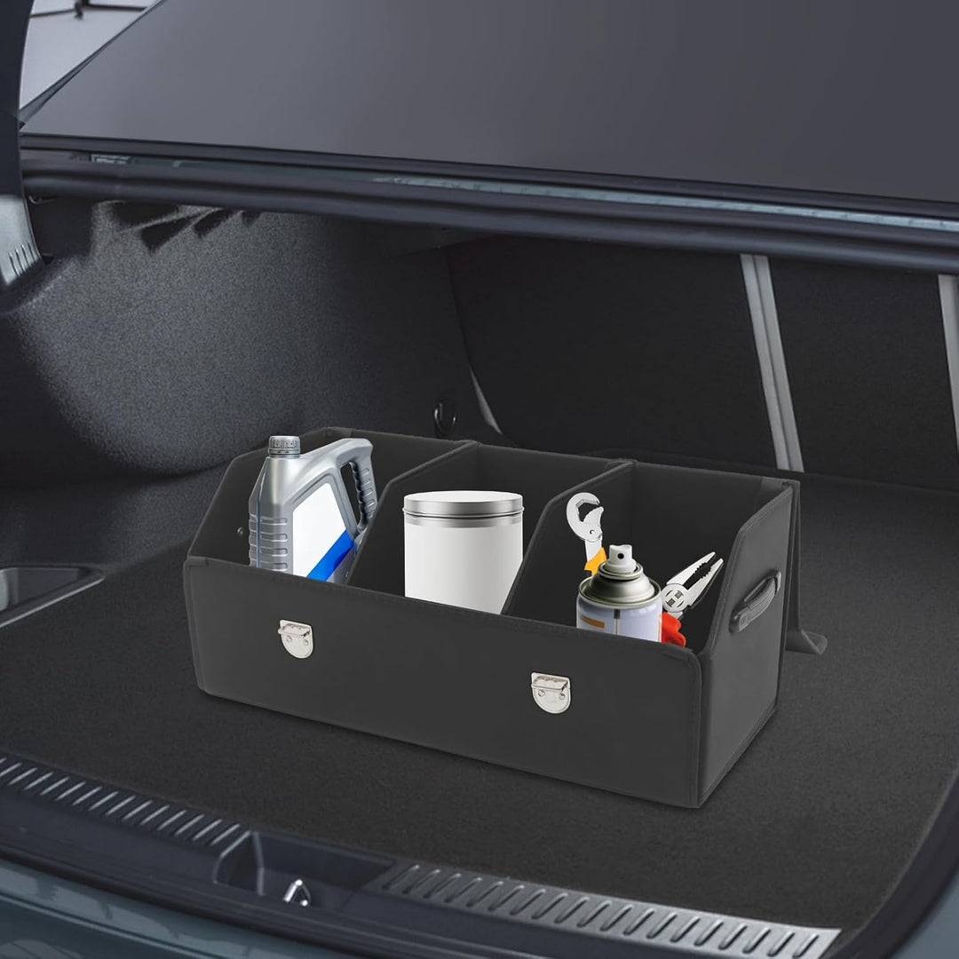 56L Auto Kofferraum Organizer, Leder Kofferraumtasche mit Deckel und Griff, Multifunktionale Aufbewa