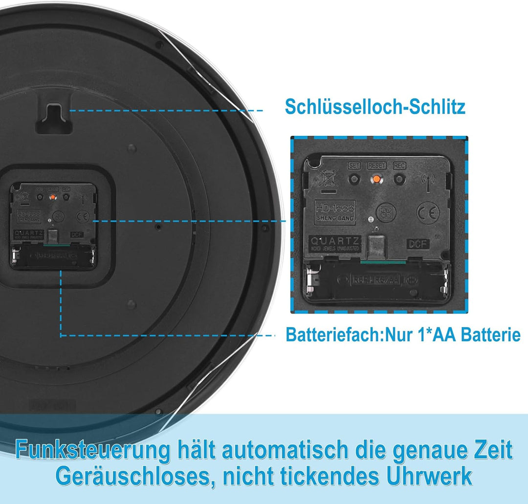 Wanduhr Funk mit Aluminium Rahmen Grosse Zahlen,Funkuhr Wand Lautlos Geräuschlos für Küche Wohnzimme