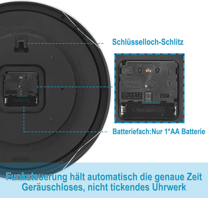 Wanduhr Funk mit Aluminium Rahmen Grosse Zahlen,Funkuhr Wand Lautlos Geräuschlos für Küche Wohnzimme