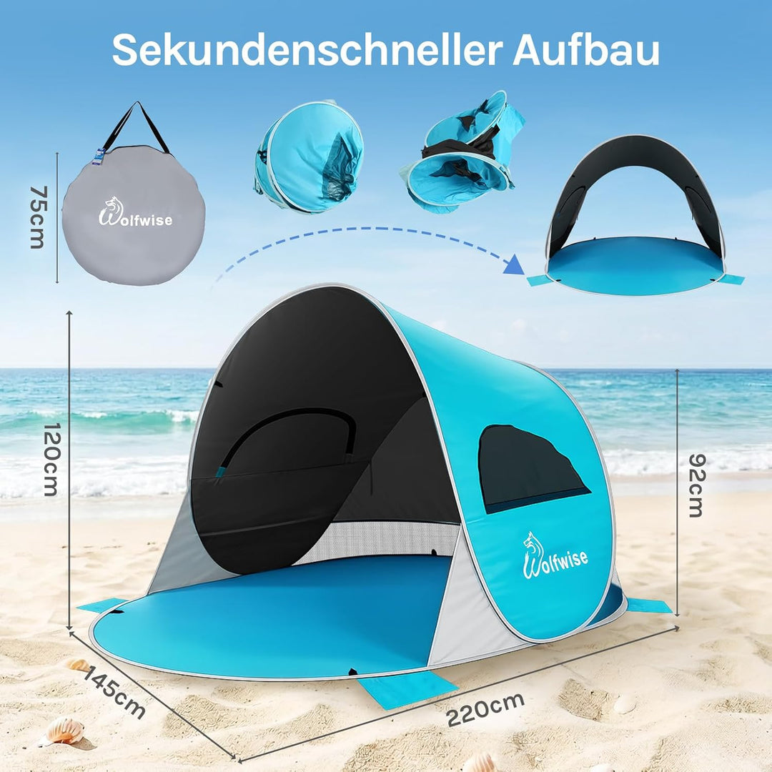 Wolfwise Pop Up Strandmuschel für 3-4 Personen, Sofort Aufbau, UV-Schutz 50+, Wasserabweisend, Belüf