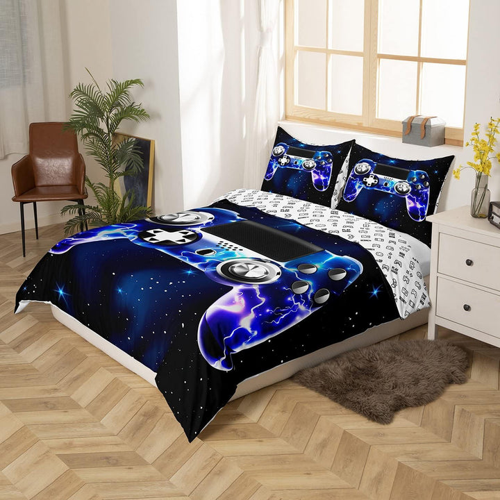 Loussiesd Galaxy Gamepad Bettwäsche Set Lila Lightning Design Gamepad Bettbezug Set für Jungen Video