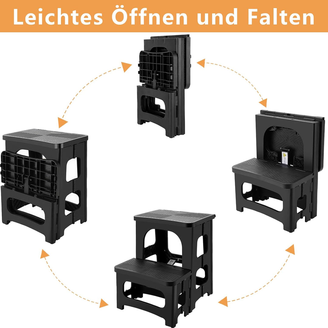 2 Stufen Tritthocker Klappbar, Klapphocker für Kinder & Erwachsene, Tragfähigkeit 300 LBS, Tragbaren