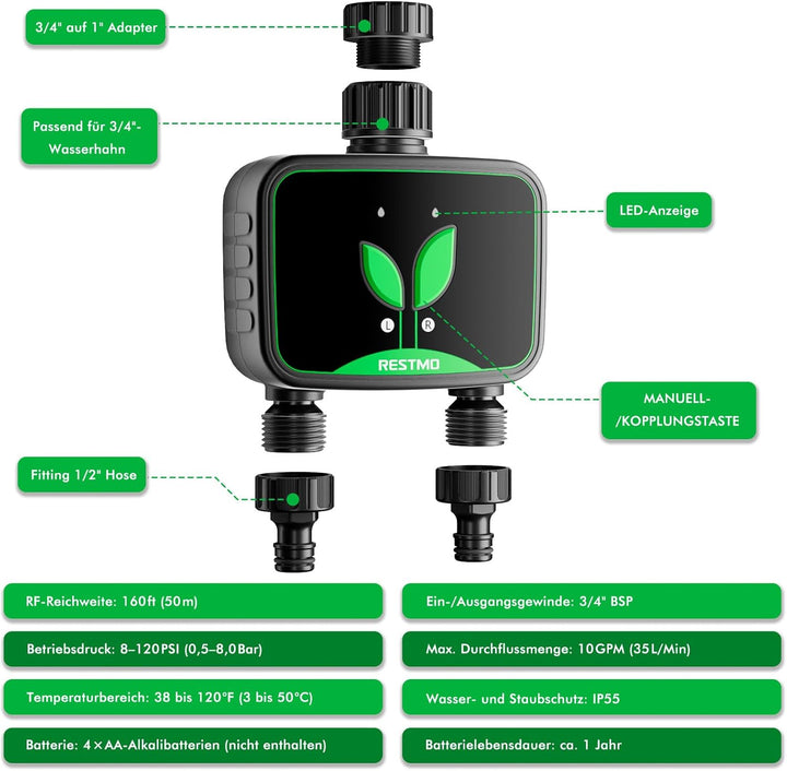 RESTMO WiFi-Bewässerungscomputer, programmierbare Wasserzeitschaltuhr für die Gartenbewässerung, 3 B