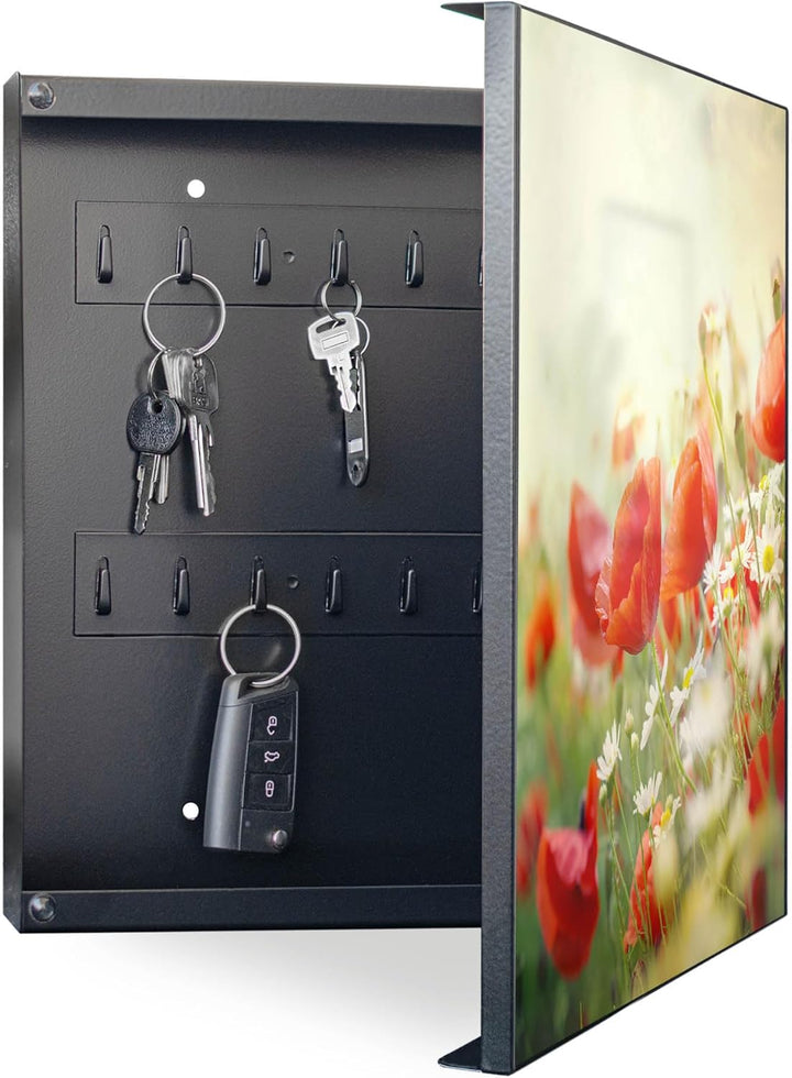banjado® Grosser Schlüsselkasten Glas/Schlüsselbox 30cm x 30cm mit 50 Haken - Motiv Kamille Und Mohn