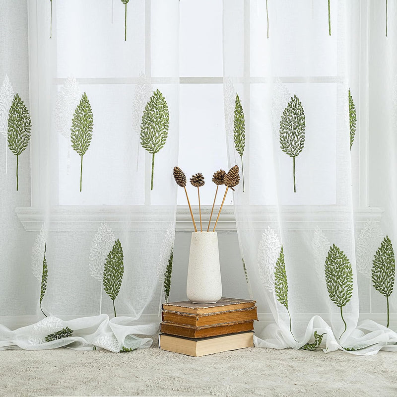 MIULEE Gardinen Transparent mit Grün und Weiss Blätter Muster, Ösen Gardinen 200 cm Hoch, Modern Gar