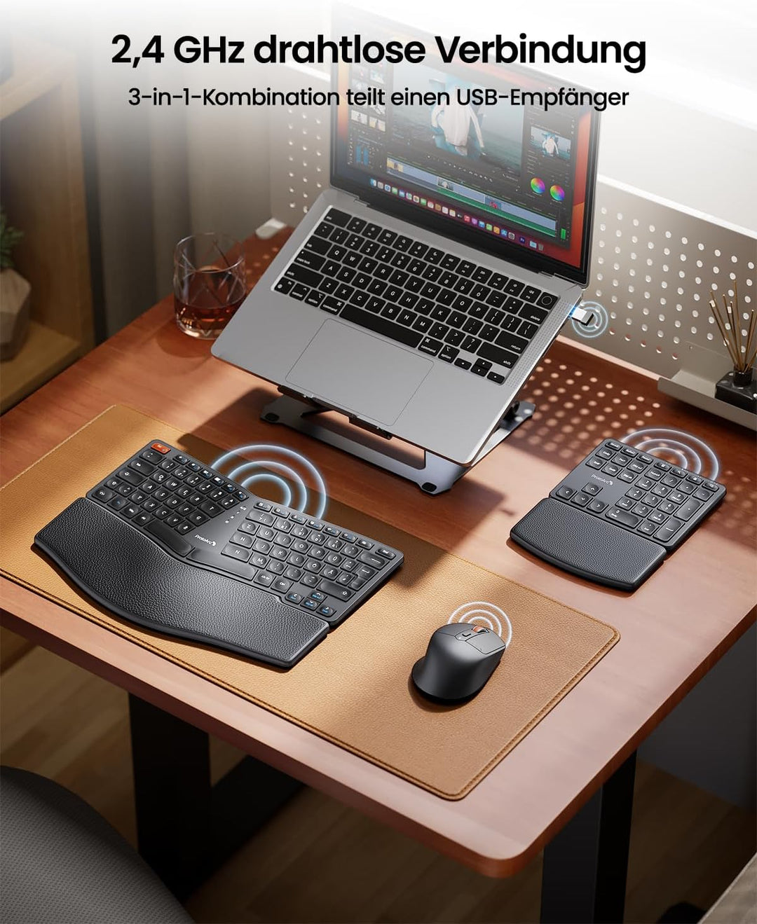 ProtoArc Ergonomische Tastatur Maus Set, EKM04 2,4 GHz Kabellos Ergo Tastatur Maus, Separater Ziffer