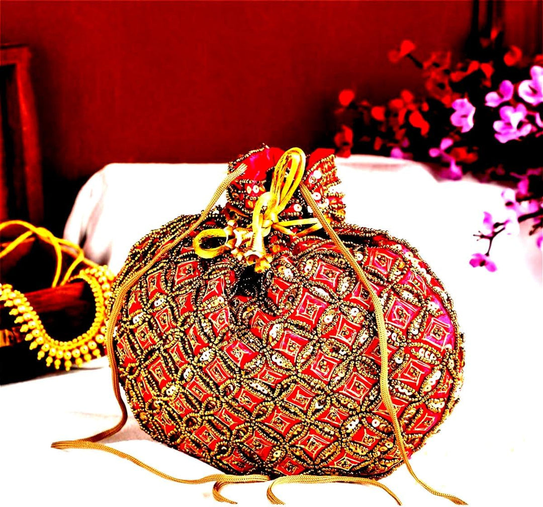 Purpledip Potli Tasche (Geldbörse mit Kordelzug): Goldfaden mit Pailletten-Stickerei Rosa, Rosa