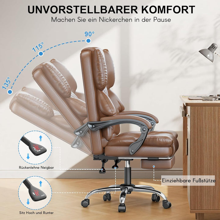 naspaluro Chefsessel Bürostuhl mit Fussstütze, Schreibtischstuhl Ergonomisch, PU Leder Computerstuhl