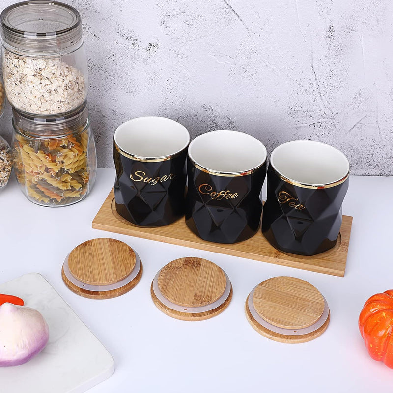 BTSKY Schwarze Keramikdosen für Zucker, Kaffee, Tee, mit Deckel und Tablett, luftdicht, 3er-Set, Vor