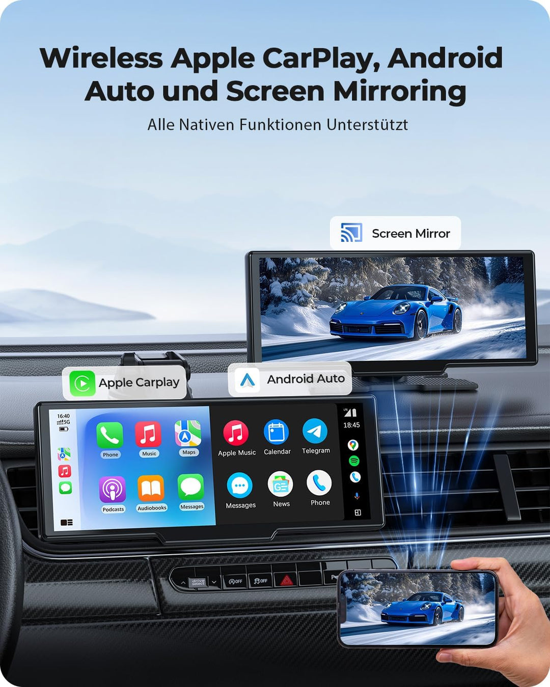 9,26" Drahtloses Tragbarer Car Play Display mit 4K-Front- &amp; HD-Rückfahr-Dual-Dashcam für Apple CarPl