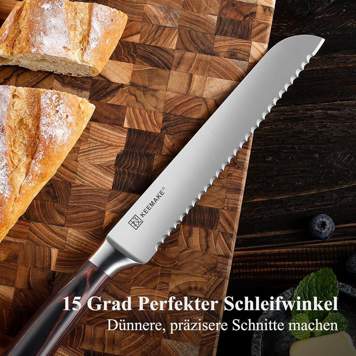 KEEMAKE Brotmesser mit Wellenschliff, Extra scharfes Brotschneidemesser 20 cm aus hochwertigem rostf