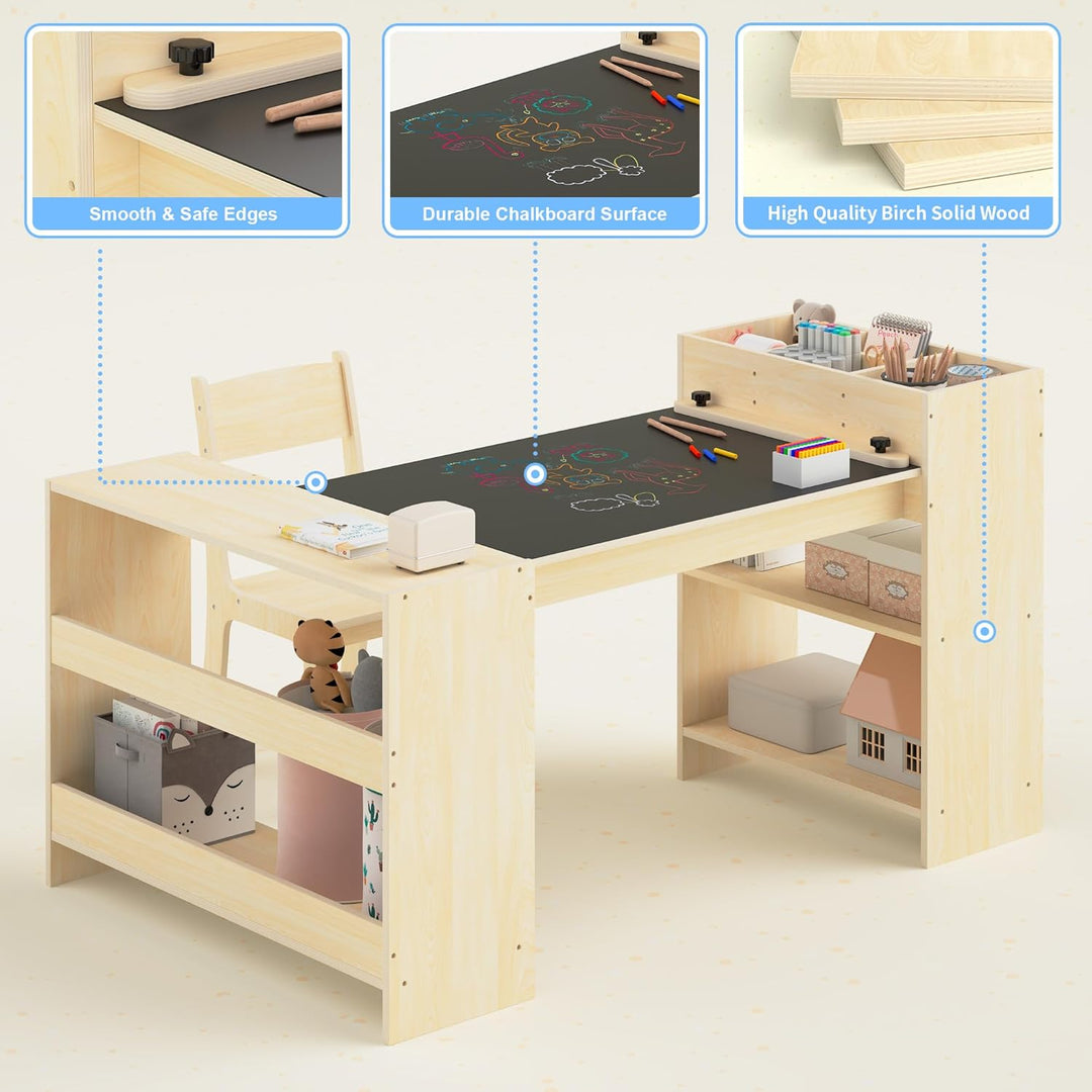 Kinder-Kunsttisch und 1 Stuhl Set, Maltisch mit Malrolle & Aufbewahrung, höhenverstellbarer Holz-Tis