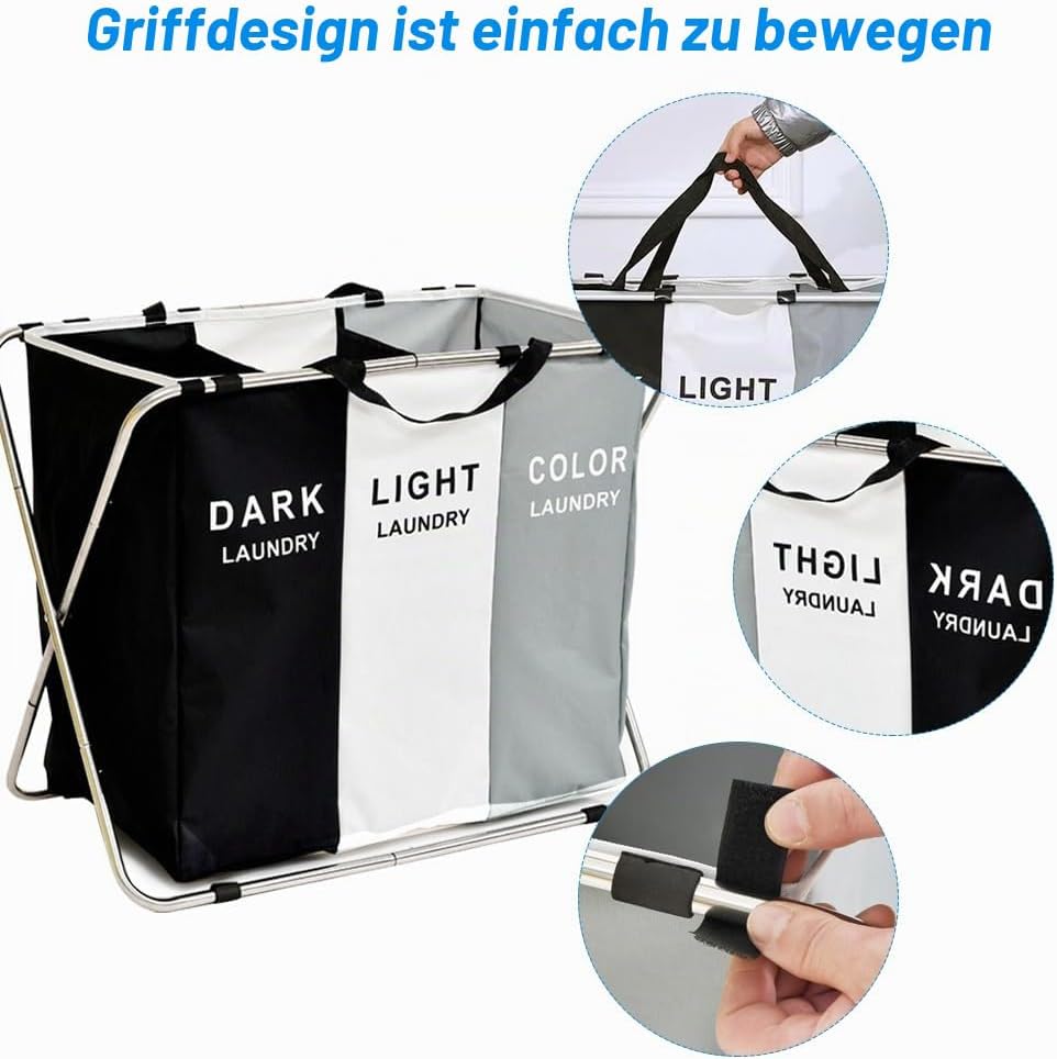 Grosser faltbarer Wäschekorb mit 3 Fächern, Halterung aus Edelstahl，Schmutzwäschetasche mit Griff fü