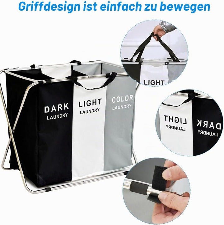 Grosser faltbarer Wäschekorb mit 3 Fächern, Halterung aus Edelstahl，Schmutzwäschetasche mit Griff fü