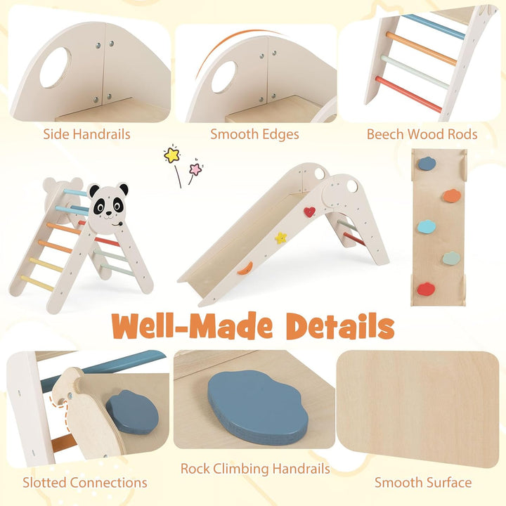 FANTASK Kletterdreiecke Indoor 3er Set, Klappbares Klettergerüst Holz mit Rutsche, Rampe & Kletterle