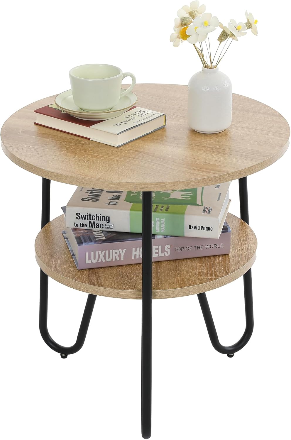 Mingone Couchtisch Rund Beistelltisch 2 Ablagen Sofatisch Modern mit Stauraum Kleiner Tisch für Wohn