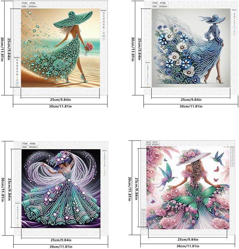 DCIDBEI 4 Pack 5D Special Shape Diamond Painting Strass Special Frauen mit Hut 30x30cm Diamant Maler