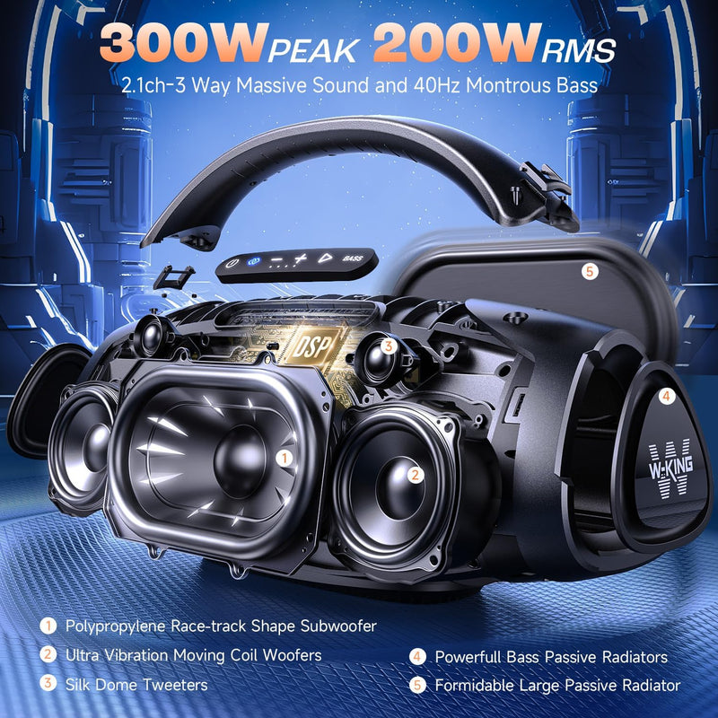 300W PEAK 200W RMS Bluetooth Lautsprecher, W-KING Musikbox Gross mit Subwoofer/EQ APP, Laut Tragbare