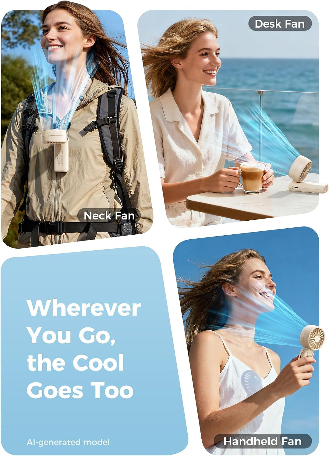 Aecooly 3-in-1 Handventilator | Max. 20 Stunden Laufzeit | 5 Windstufen mit LED-Anzeige | USB-wieder