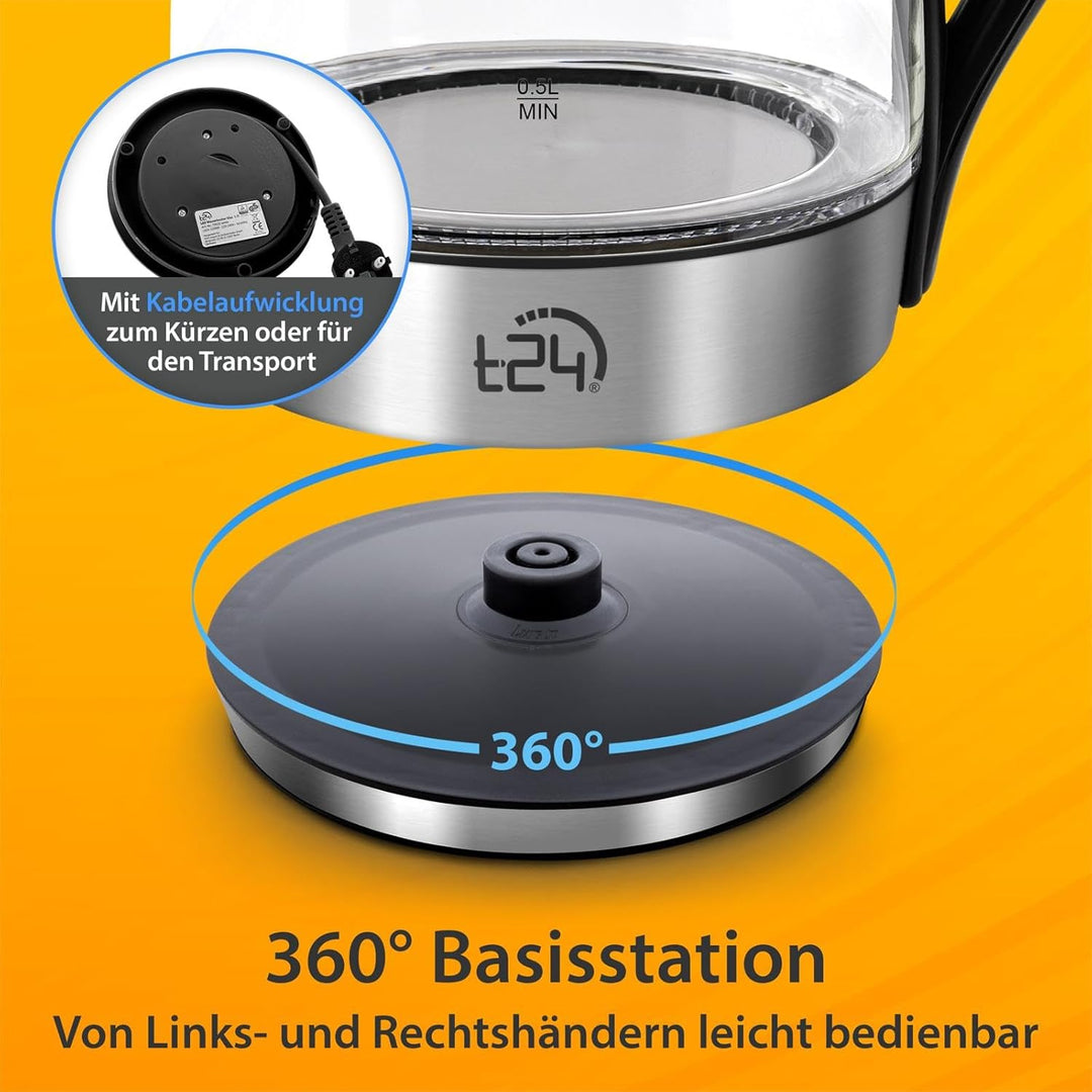T24 LED Glas Wasserkocher 1,7 Liter mit LED-Beleuchtung, Trockenlaufschutz, BPA frei, 2200W (silber)