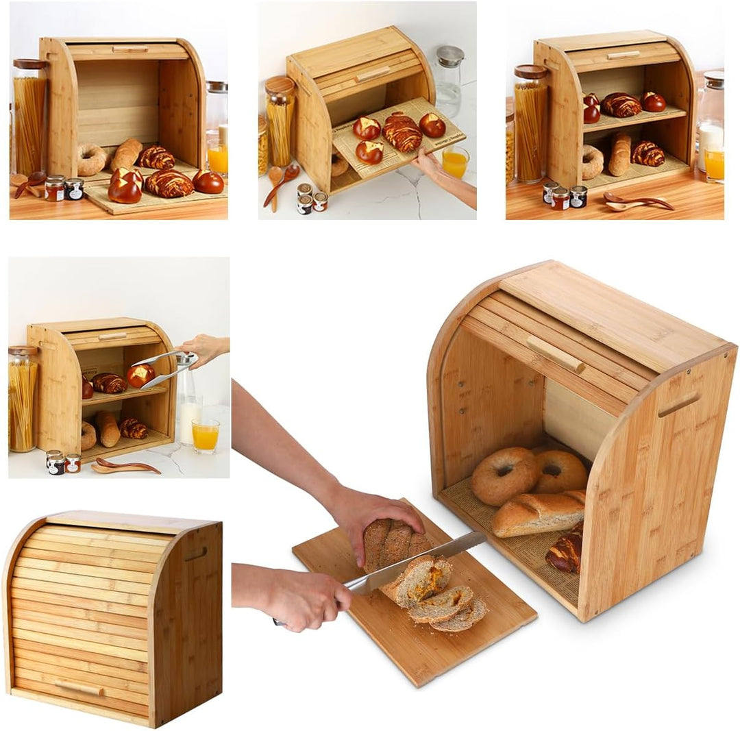 G.a HOMEFAVOR Bambus Brotkasten / Brotkorb mit Rolldeckel &amp; 2-Fächer - Herausnehmbare Abtrennung, Ei
