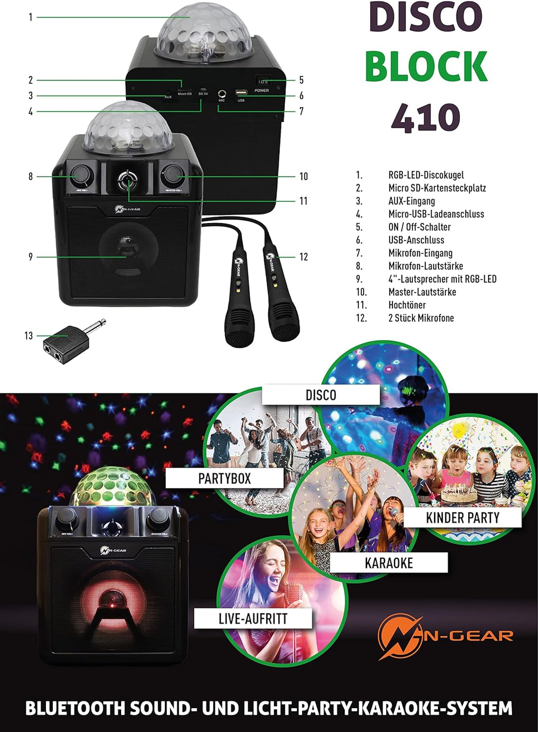 N-Gear DISCO410 Karaoke & Party Bluetooth Lautsprecher mit Discokugel, Mikrofon & Powerbank-Funktion