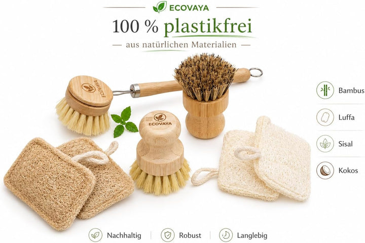 Spülset aus Bambus & Luffa – 100% plastikfrei – 4 Luffa Pads & 3 Küchenbürsten mit Sisal- & Kokosbor