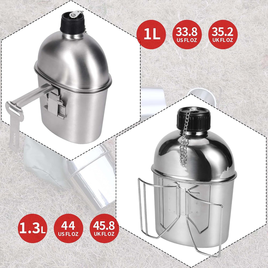Goetland Edelstahl US Feldflasche Wasserflasche Trinkflasche 1L mit 0,5 L Becher Stofftasche für Cam