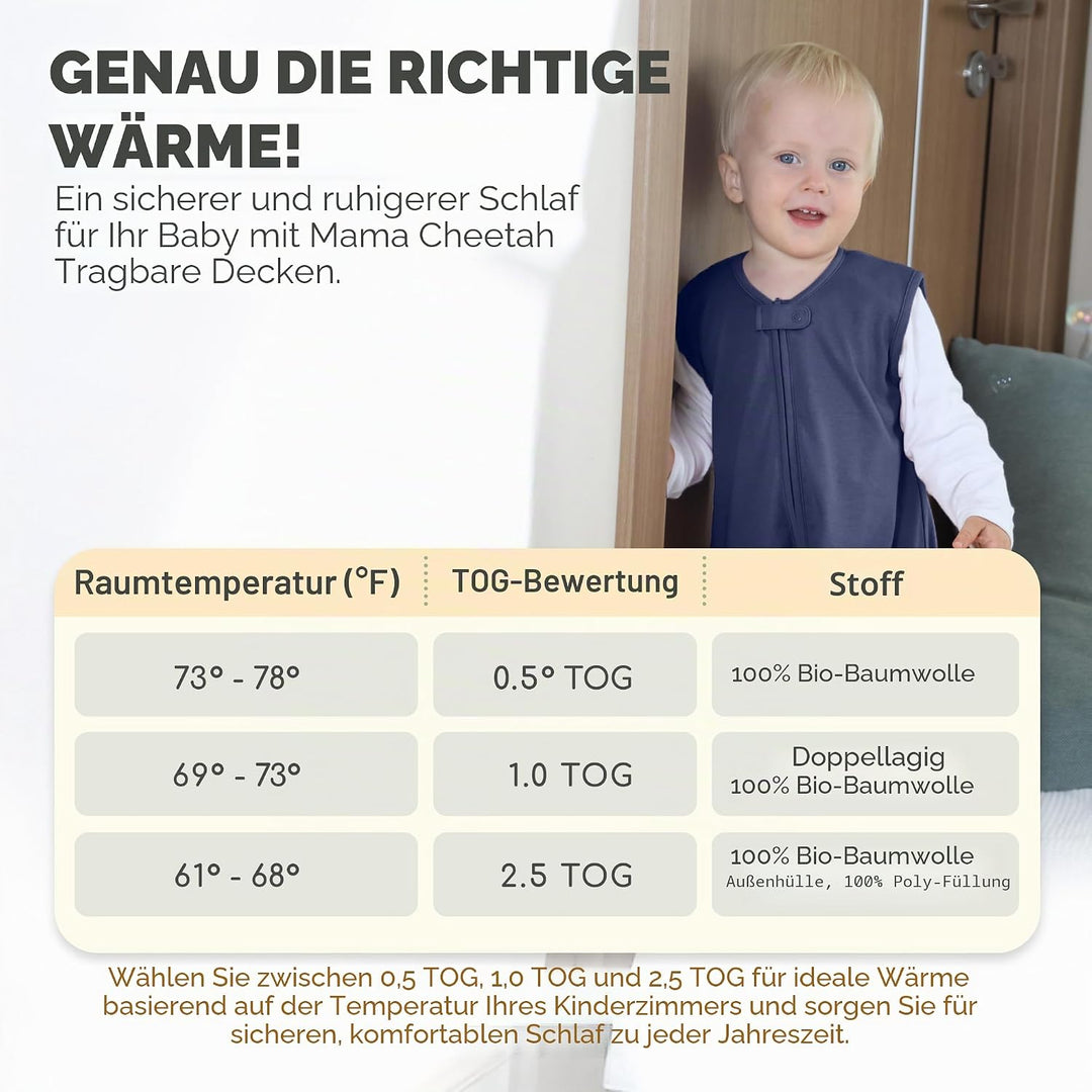Mama Cheetah Baby Schlafsack mit Füsse 0.5 TOG, Sommerschlafsack, Bio-Baumwolle Baby Schlafsäcke ohn