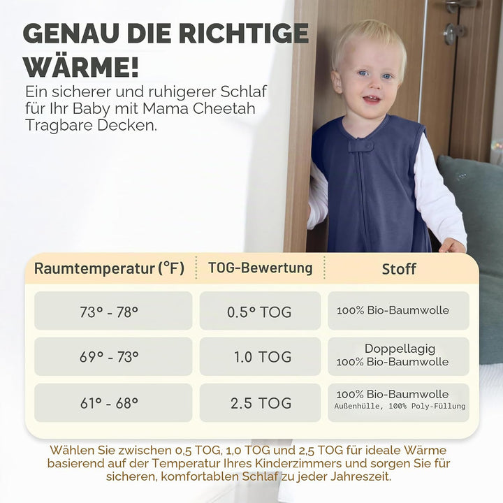 Mama Cheetah Baby Schlafsack mit Füsse 0.5 TOG, Sommerschlafsack, Bio-Baumwolle Baby Schlafsäcke ohn