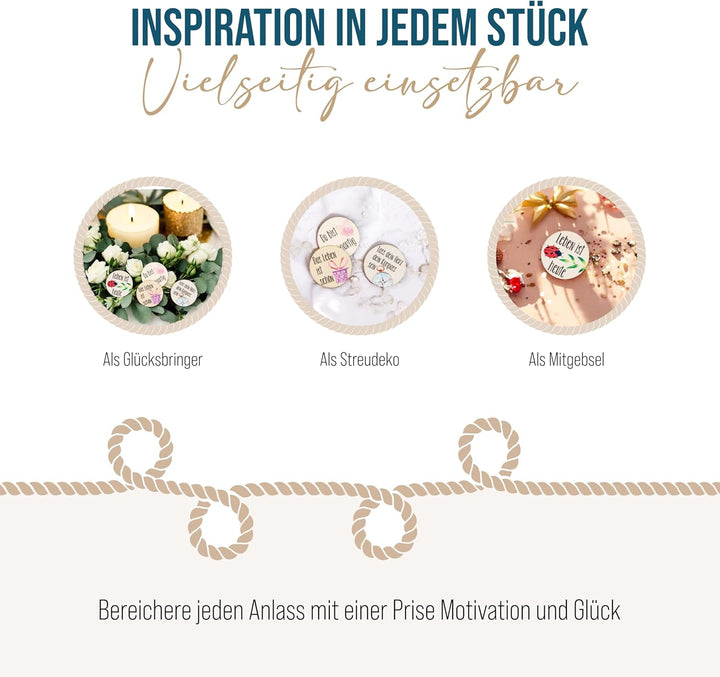 Kleine Holztaler mit Sprüchen, 24 Stück: Holz-Glückstaler Beschriftet, Motivationssteine-Set, Mit St