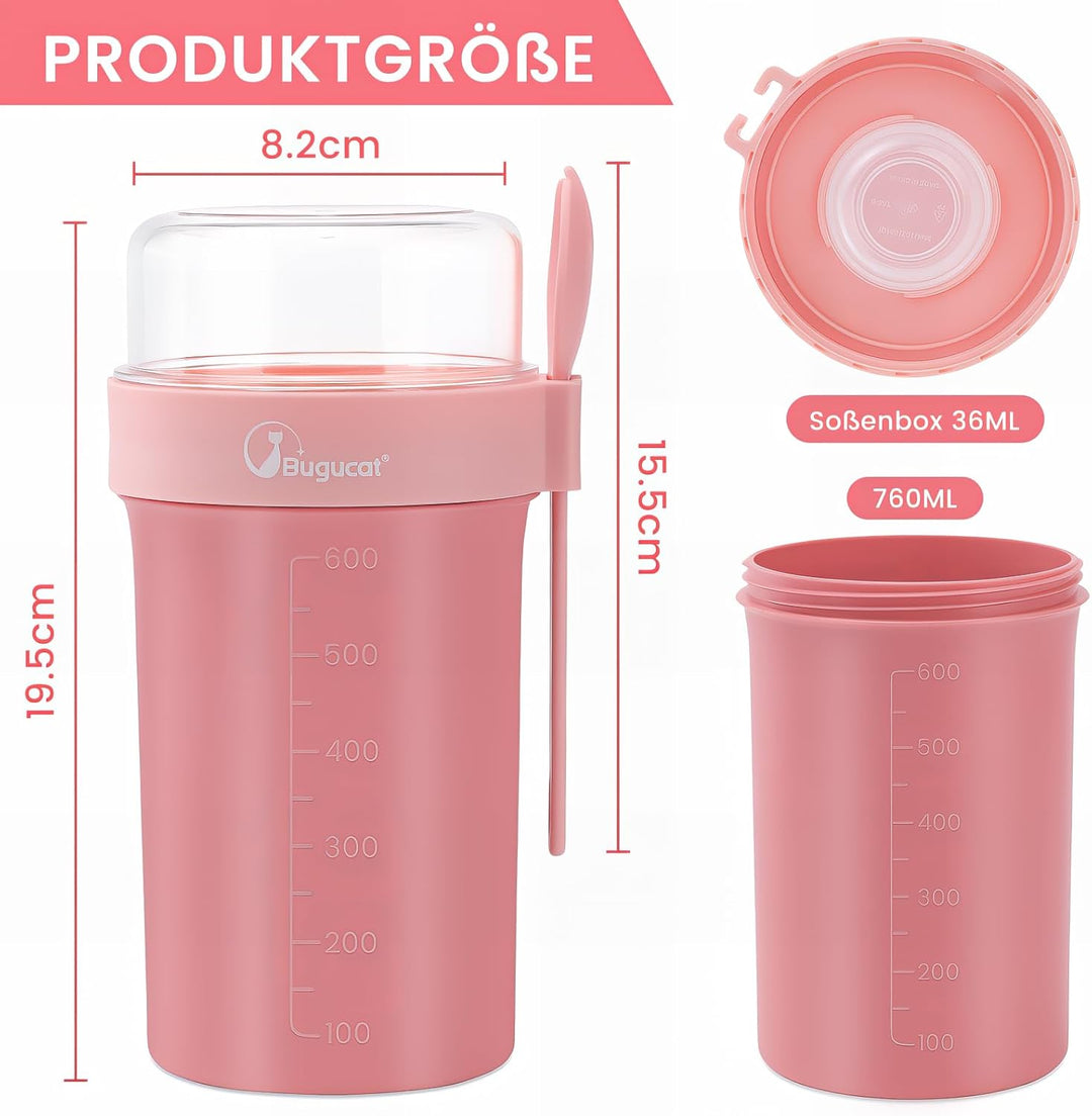 Bugucat Müslibecher to Go 2er Set,Praktischer Joghurtbecher to Go 760ml+230ml,Müsli to Go Becher mit