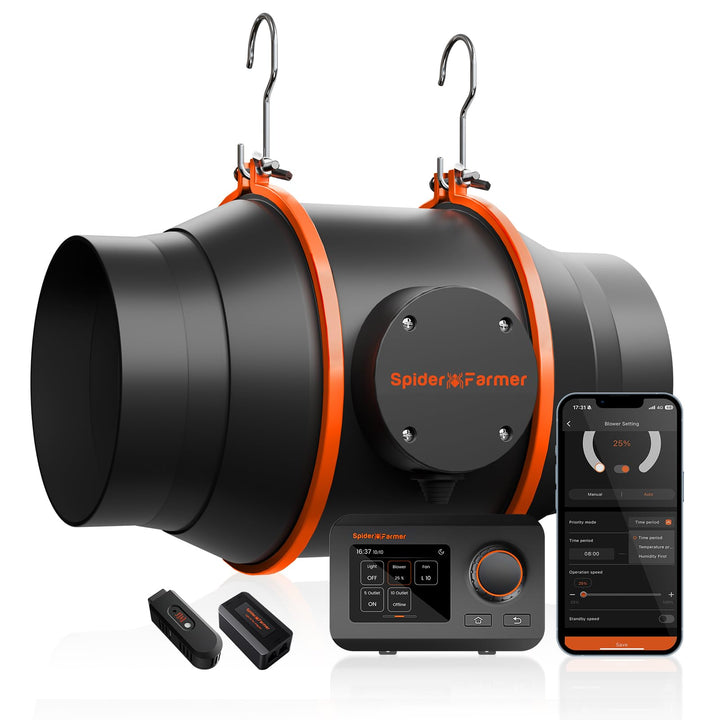 Spider Farmer 15cm Inline Kanalventilator mit Temperatur- und Luftfeuchtigkeitskontrolle Belüftung A