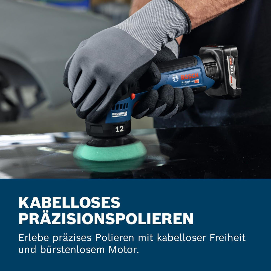 Bosch Professional 12V System Akku-Polierer GPX 12V-77 (inkl. montiertem 77 mm Klett-Stützteller, 77