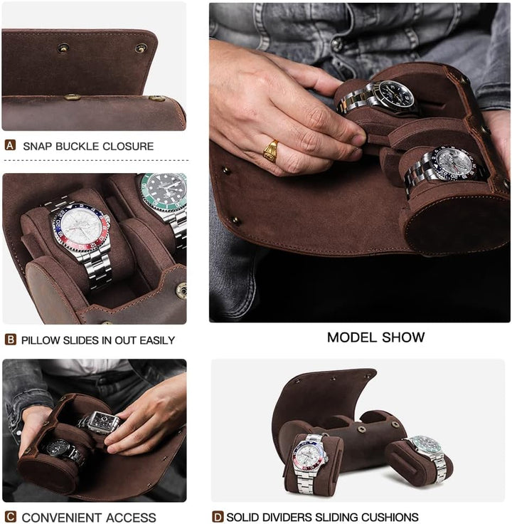 Hiram Echtes Leder 2 Uhren Reiseetui Handgefertigte Reiseaufbewahrung Uhrenbox Tragbarer Schmuck Org