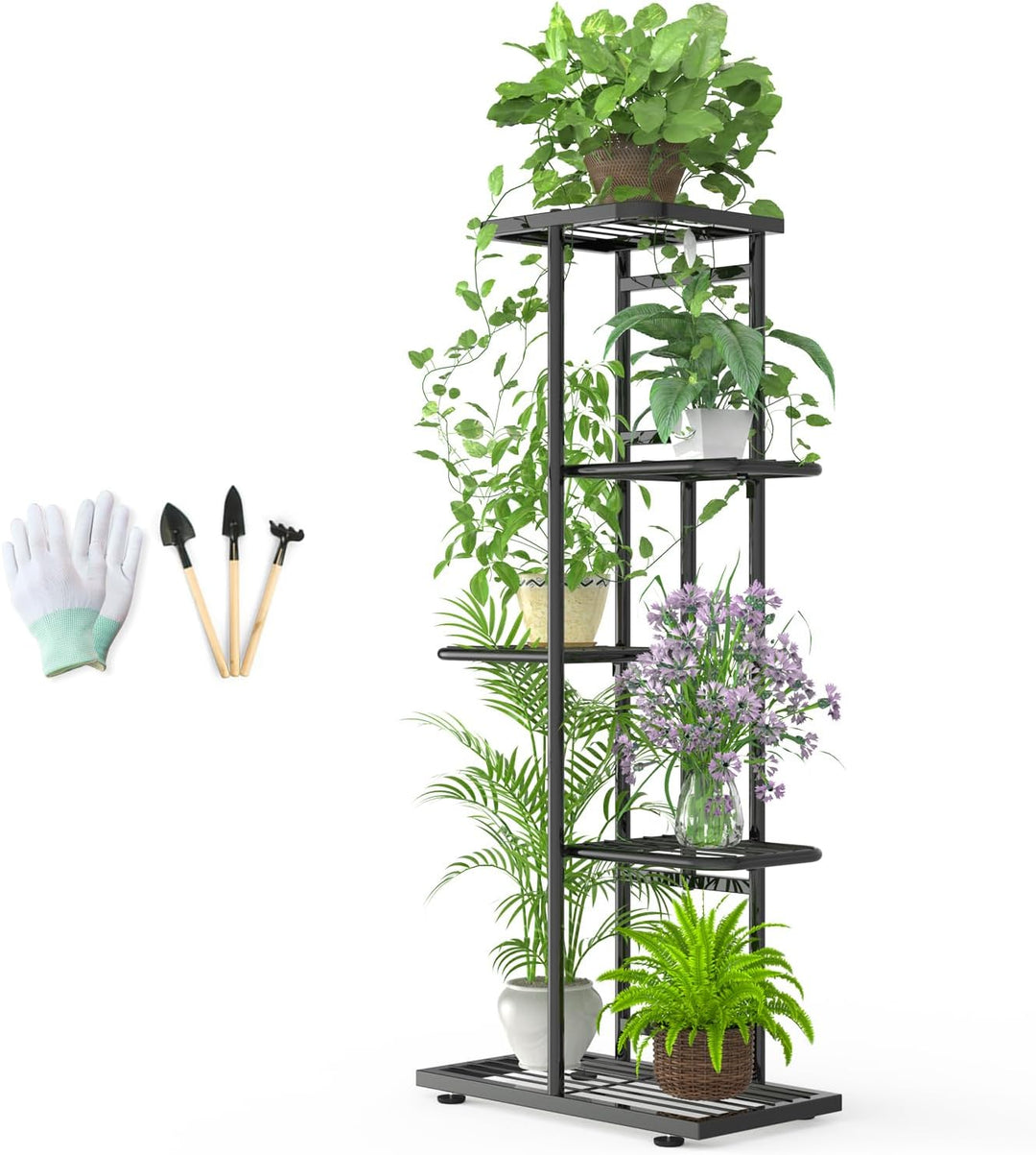 MAIJIAJU 5 Etagen Blumenständer Metall Schwarz mit Gartengeräte und Handschuhe, 95cm Ecke Blumenrega