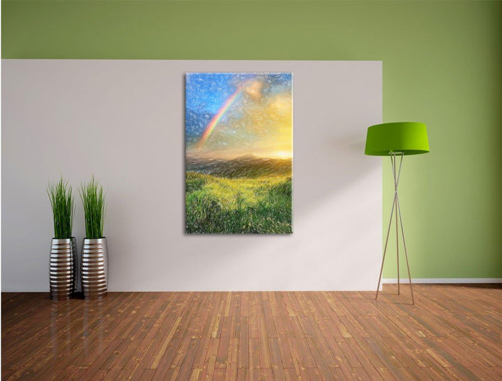Pixxprint Berge mit Regenbogen am Himmel / 100x70cm Leinwandbild bespannt auf Holzrahmen/Wandbild Ku