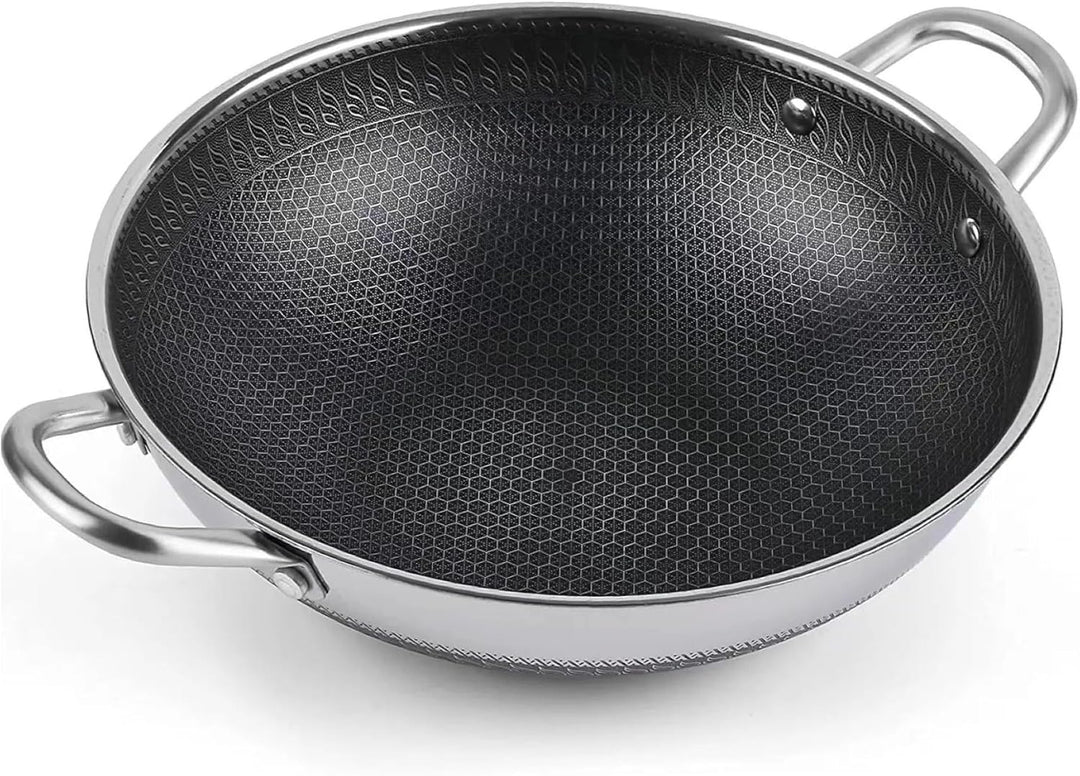 Wok Topf Edelstahl Wabenstruktur Ø36cm Induktion Anti Haft Kratzfest in Silber