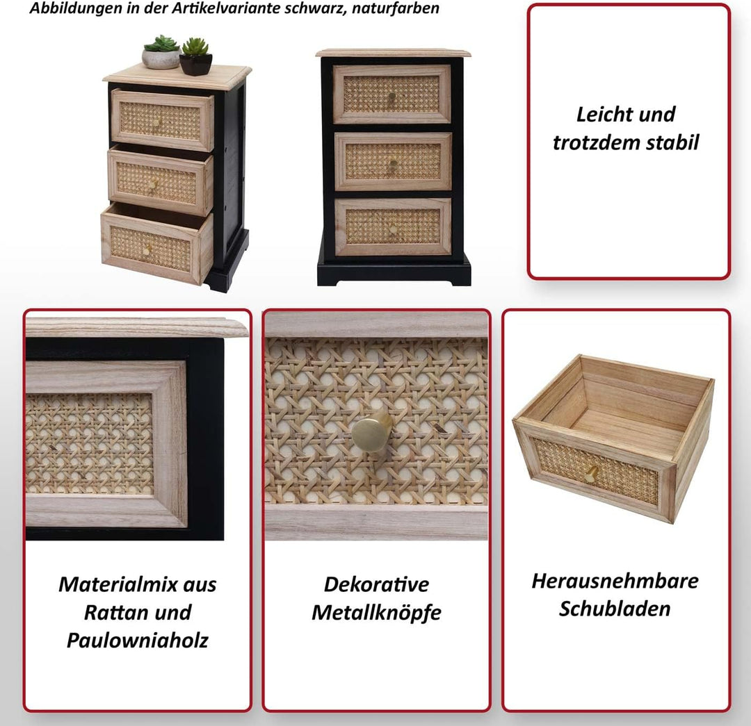 Mendler Kommode HWC-K87, Schubladenschrank Schrank, Holz Rattan 63x40x28cm - schwarz, naturfarben, S