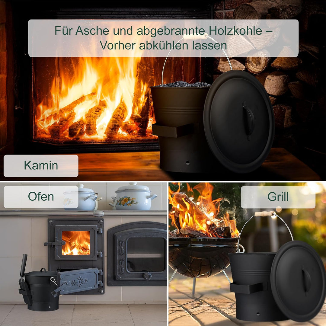 Relaxdays Ascheeimer mit Deckel und Kehrset, 7,5 L, inkl. Aschebesen & Kaminschaufel, Aschebehälter
